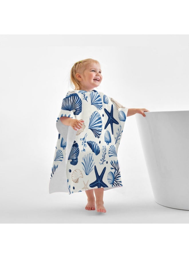 Off White Base Full Printed Blue Starfish Scallop Conch Kids Hooded Quick Dry Poncho Towel, Polyester Soft Water Absorbent Loose Windproof Bath Wrap for Boys Girls, Perfect for Beach, Swimming Pool, Hot Spring & Daily Shower - Image 2