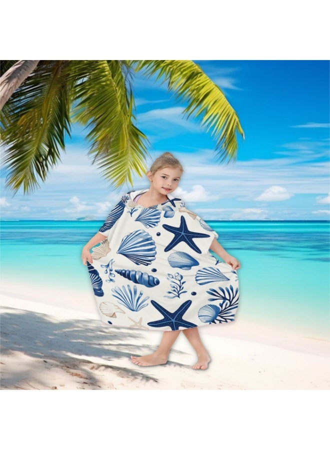 Off White Base Full Printed Blue Starfish Scallop Conch Kids Hooded Quick Dry Poncho Towel, Polyester Soft Water Absorbent Loose Windproof Bath Wrap for Boys Girls, Perfect for Beach, Swimming Pool, Hot Spring & Daily Shower - Image 4