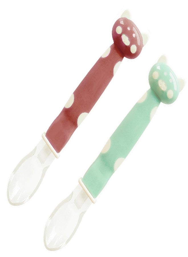 Mopslik Soft Silicone Gel Tip Baby Infant Feeding Training Cartoon Animal Spoon Pack of 2 (Brown Green) - Image 1