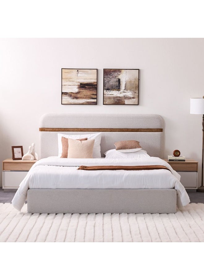 DANUBE HOME Frazer 180X200 Upholstered King Bed Frame Sturdy Modern Design Wooden Double Bed Furniture Comfortable Bed For Bedroom - White/Natural Oak  - Image 1