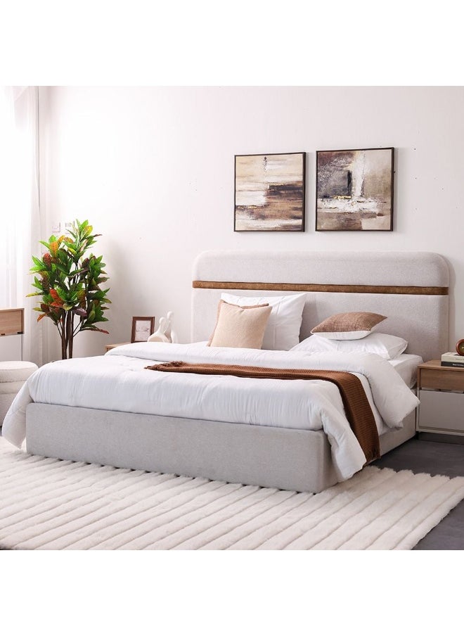 DANUBE HOME Frazer 180X200 Upholstered King Bed Frame Sturdy Modern Design Wooden Double Bed Furniture Comfortable Bed For Bedroom - White/Natural Oak  - Image 3
