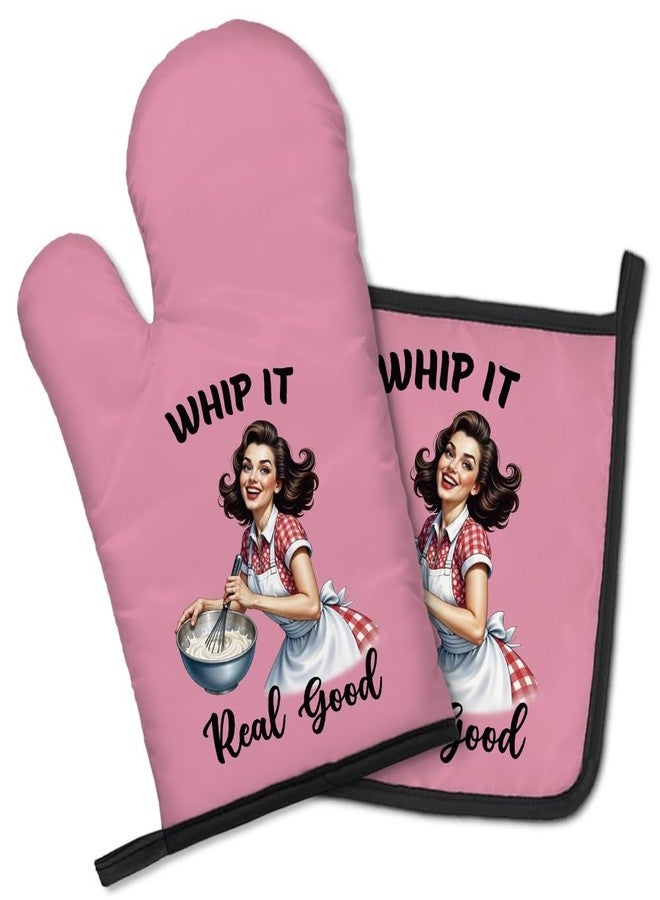 مجموعة قفازات فرن وحوامل أواني GEYGIE المرحة "Whip it Real Good"، أدوات طهاة فكاهية، قفازات مطبخ رائعة للخبز بتصميم كلاسيكي، هدايا لمحبي الحلويات، هدايا عيد ميلاد للطهاة والخبّازين من الصديقات - Image 1