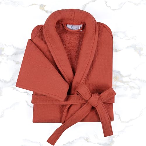 Superior Waffle Weave Cotton Unisex Bathrobe with Belt, Soft and Absorbent Robe for Men and Women, Bath Essentials, Long, Plush, Fluffy Robes for Shower, Spa, Resort, Honeycomb Solid, Small, Coral - Image 2