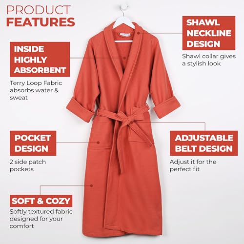 Superior Waffle Weave Cotton Unisex Bathrobe with Belt, Soft and Absorbent Robe for Men and Women, Bath Essentials, Long, Plush, Fluffy Robes for Shower, Spa, Resort, Honeycomb Solid, Small, Coral - Image 3