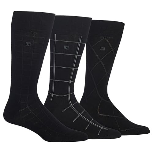 Chaps Men's Classic Dress Crew Socks-3 Pair Pack-Pattern and Solid Color Designs, Dashed Windowpane (Black), Shoe Size: 10-13 - Image 1