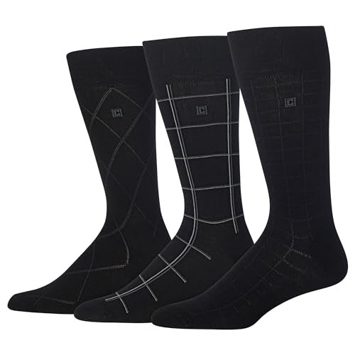 Chaps Men's Classic Dress Crew Socks-3 Pair Pack-Pattern and Solid Color Designs, Dashed Windowpane (Black), Shoe Size: 10-13 - Image 2
