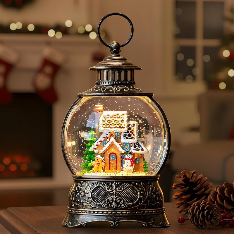 MXwcy Christmas Snow Globe Lighted Gingerbread House Scene, Musical Snow Water Lantern Swirling Glittering Home Decoration and Gift, Battery Operated or USB Powered - Image 1