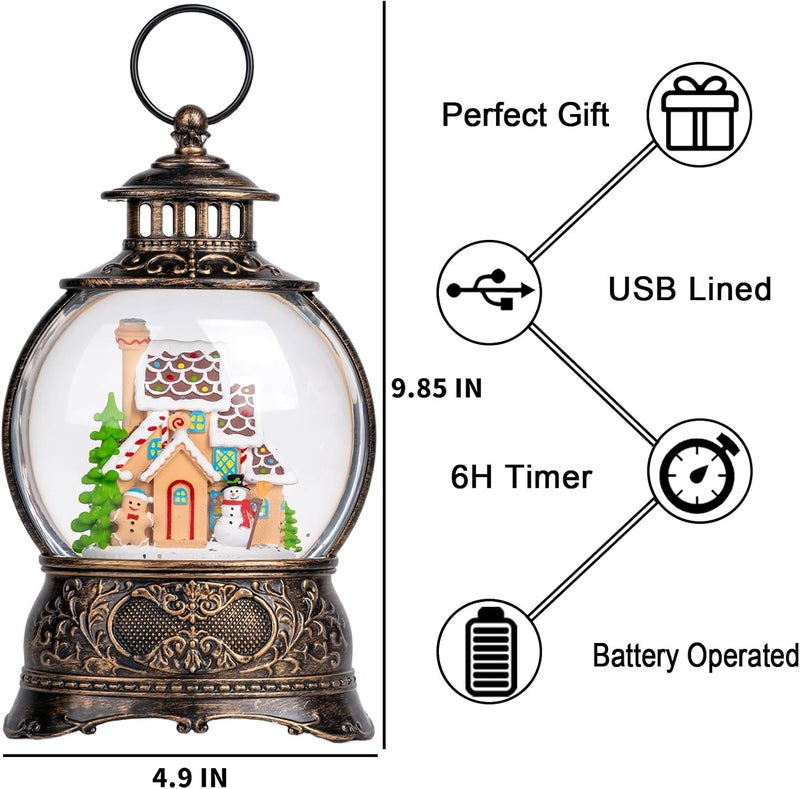 MXwcy Christmas Snow Globe Lighted Gingerbread House Scene, Musical Snow Water Lantern Swirling Glittering Home Decoration and Gift, Battery Operated or USB Powered - Image 2