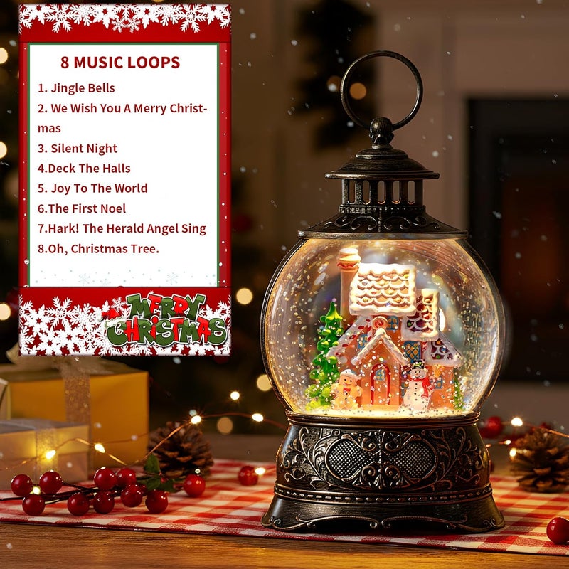 MXwcy Christmas Snow Globe Lighted Gingerbread House Scene, Musical Snow Water Lantern Swirling Glittering Home Decoration and Gift, Battery Operated or USB Powered - Image 4