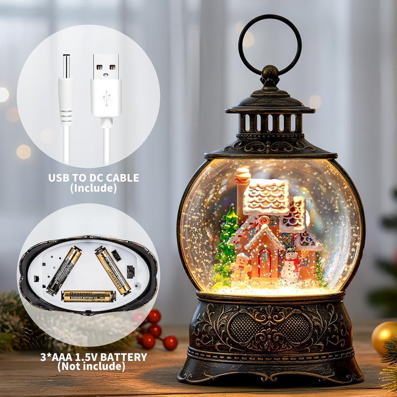 MXwcy Christmas Snow Globe Lighted Gingerbread House Scene, Musical Snow Water Lantern Swirling Glittering Home Decoration and Gift, Battery Operated or USB Powered - Image 3