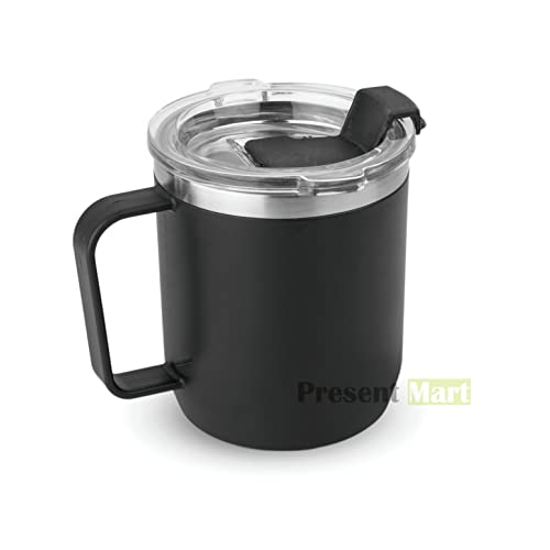 Present Mart Stainless Steel Coffee Mug 350ml with Handle | Premium Clear Cap Mug with Lid Flip Top | Leakproof Travel Coffee Mugs, Tea Cup, Insulated Coffee Mug |Black - Image 1