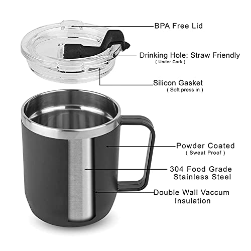 Present Mart Stainless Steel Coffee Mug 350ml with Handle | Premium Clear Cap Mug with Lid Flip Top | Leakproof Travel Coffee Mugs, Tea Cup, Insulated Coffee Mug |Black - Image 2