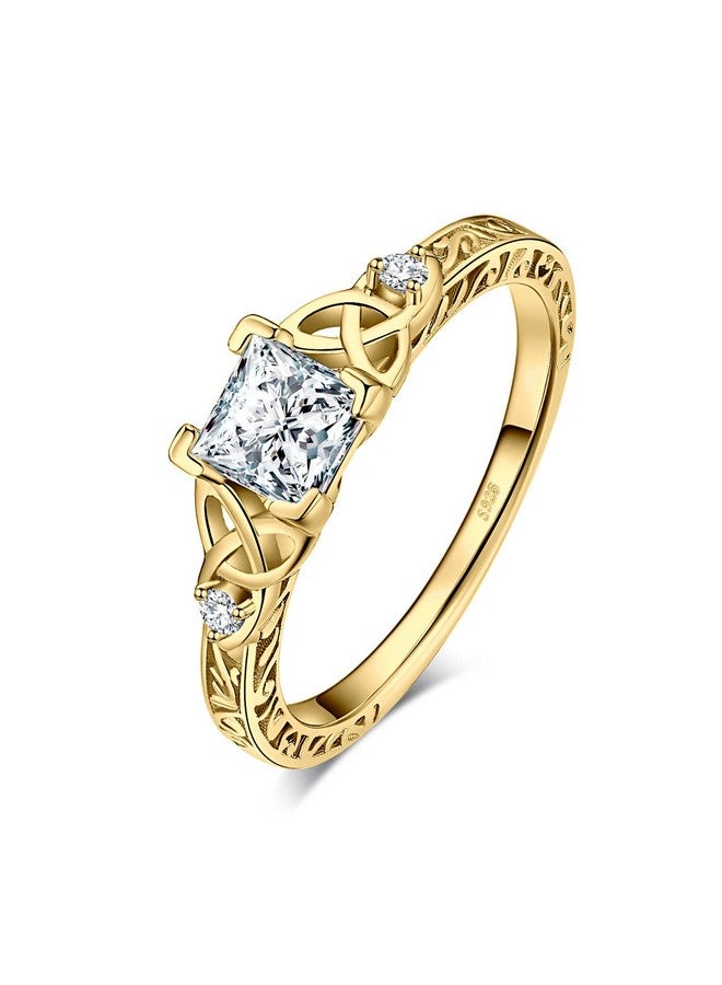 JewelryPalace Vintage Celtic Knot Princess Cut 1.2Ct Cubic Zirconia Solitaire Engagement Rings For Women, 14K Yellow Gold Plated 925 Sterling Silver Promise Rings, Simulated Diamond Ring Size 7 - Image 1
