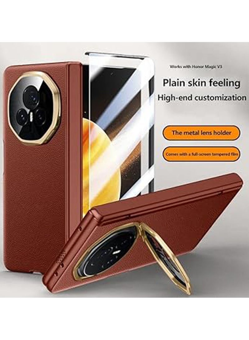 general Luxury Leather Case Compatible with Honor Magic V3 Full Protection Back Cover with Hinge Protection & HD Glass Screen Protector, Hidden Lens Kickstand Case for Honor Magic V3 - Image 2