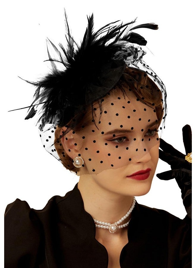 Black 1920S Fascinator Hats For Women 20S 50S Vintage Feather Hatnecklaceglovesearrings(Abig Feather Set)