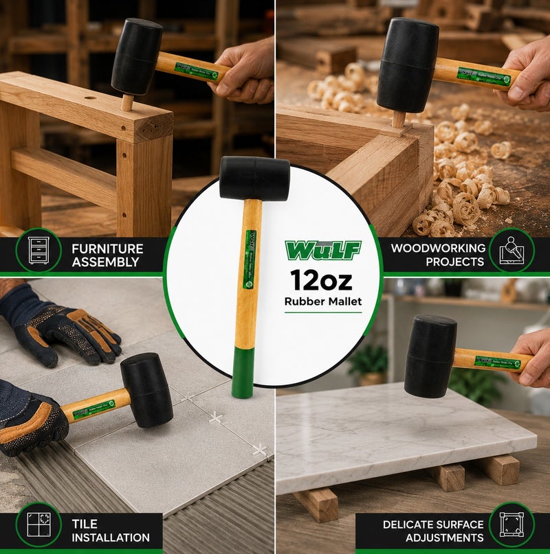 WULF Professional 12oz Rubber Mallet with Heavy-Duty Non-Marring Black Rubber Head & High-Strength Hardwood Handle, Soft Face Hammer for Flooring, Construction, Metal Work, Woodworking & DIY Repair - Image 2