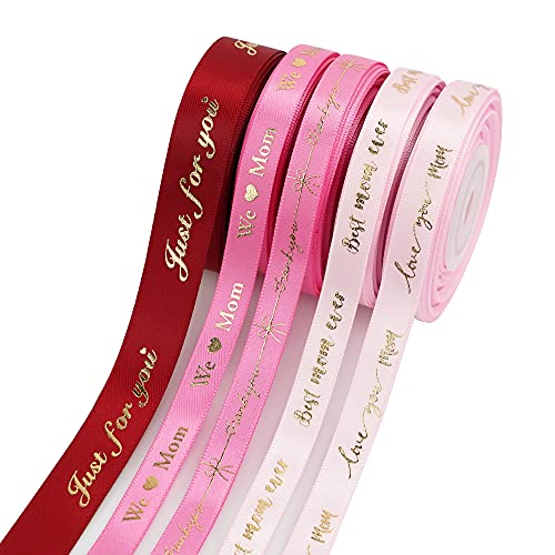 MEEDEE Pink Ribbon for Gift Wrapping Thank You Just for You Ribbon Mothers Day Gift Box Double Face Satin Assortment Thin Pink Satin Fabric, 5 Rolls 10 Yards Each Total 50 Yards - Image 1