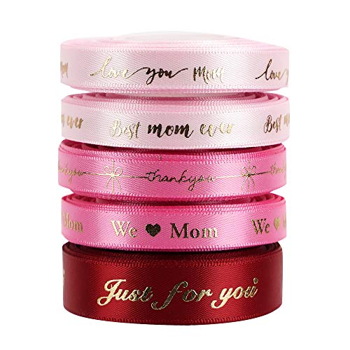 MEEDEE Pink Ribbon for Gift Wrapping Thank You Just for You Ribbon Mothers Day Gift Box Double Face Satin Assortment Thin Pink Satin Fabric, 5 Rolls 10 Yards Each Total 50 Yards - Image 3