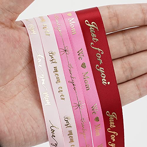 MEEDEE Pink Ribbon for Gift Wrapping Thank You Just for You Ribbon Mothers Day Gift Box Double Face Satin Assortment Thin Pink Satin Fabric, 5 Rolls 10 Yards Each Total 50 Yards - Image 4