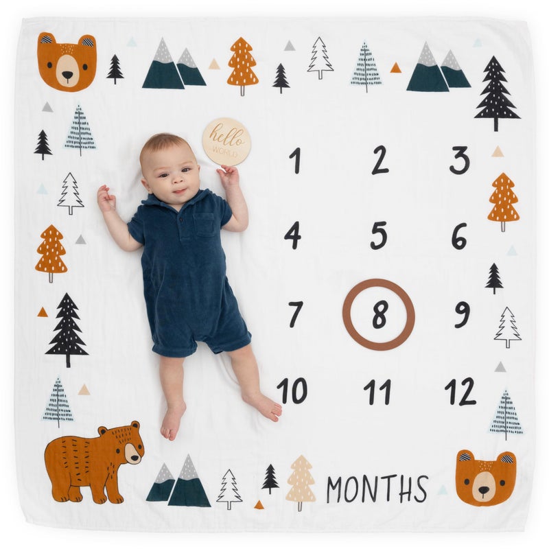 Pondering Pine Organic Baby Monthly Milestone Blanket Boy - Growth Age Blanket for 1-12 Months Milestones with Month Marker Frame and Newborn Announcement Disc, Woodland, Bear, 47â€x47â€ - Image 1