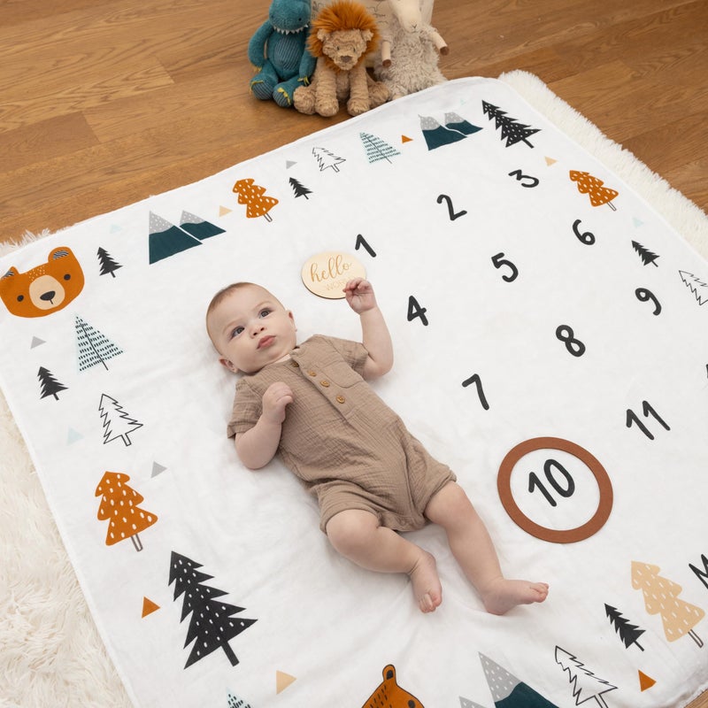 Pondering Pine Organic Baby Monthly Milestone Blanket Boy - Growth Age Blanket for 1-12 Months Milestones with Month Marker Frame and Newborn Announcement Disc, Woodland, Bear, 47â€x47â€ - Image 4