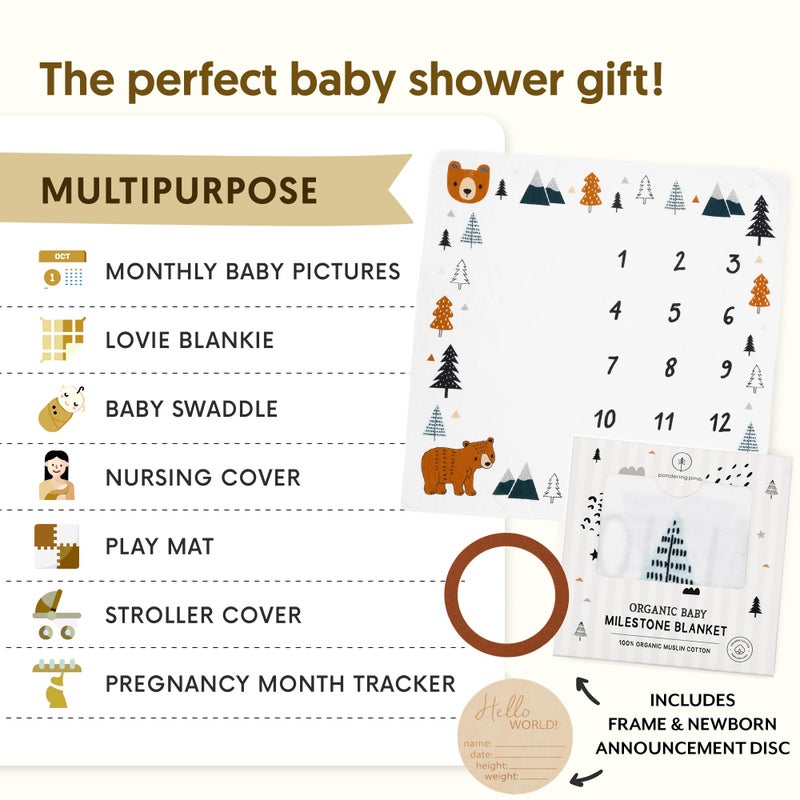 Pondering Pine Organic Baby Monthly Milestone Blanket Boy - Growth Age Blanket for 1-12 Months Milestones with Month Marker Frame and Newborn Announcement Disc, Woodland, Bear, 47â€x47â€ - Image 5