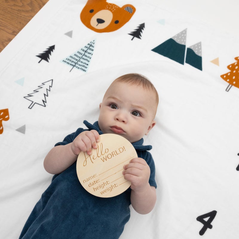 Pondering Pine Organic Baby Monthly Milestone Blanket Boy - Growth Age Blanket for 1-12 Months Milestones with Month Marker Frame and Newborn Announcement Disc, Woodland, Bear, 47â€x47â€ - Image 2