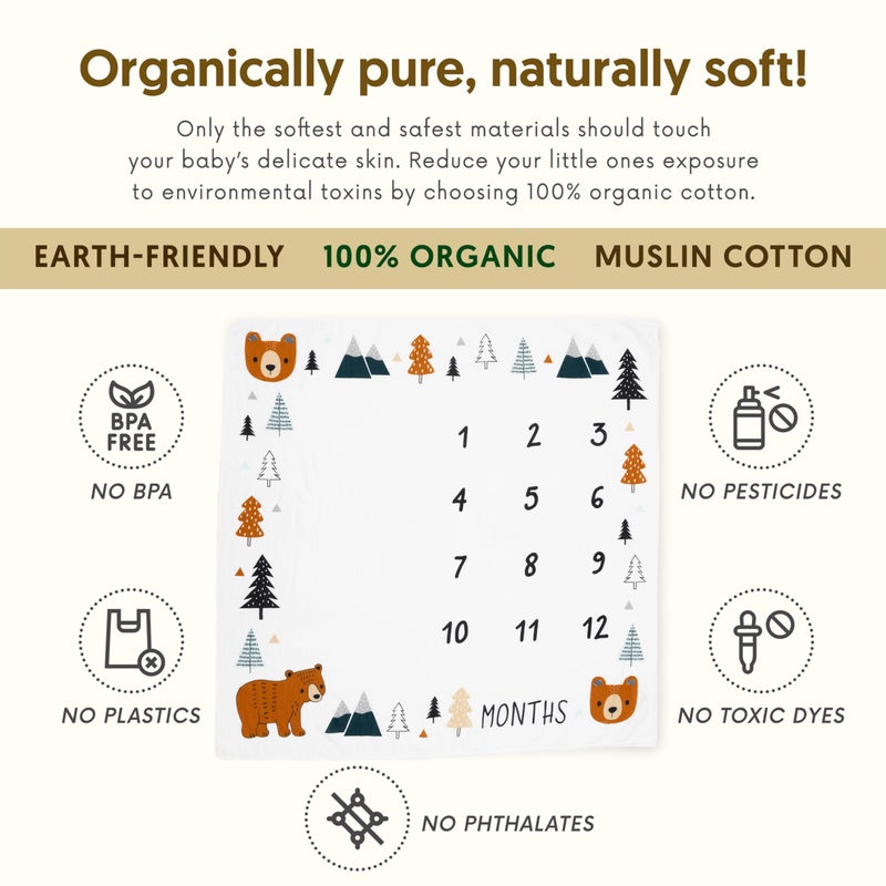 Pondering Pine Organic Baby Monthly Milestone Blanket Boy - Growth Age Blanket for 1-12 Months Milestones with Month Marker Frame and Newborn Announcement Disc, Woodland, Bear, 47â€x47â€ - Image 3