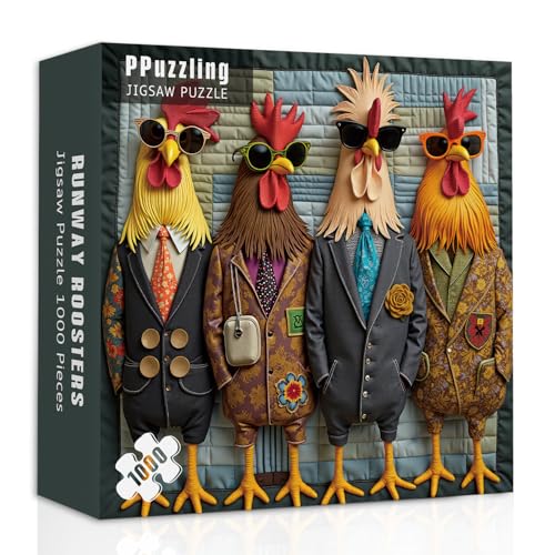 PPuzzling Funny Chicken Family Puzzle 1000 Pieces Vintage Stylish Roosters Jigsaw Puzzles Colorful Animal Chickens Puzzle - Image 1