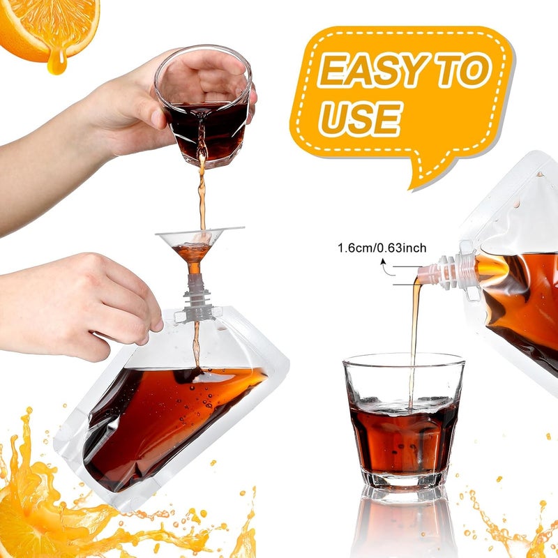 Meanplan 100 Pcs Plastic Pouches Bulk Reusable Squeeze Pouches Clear Plastic Juice Leak Proof Bags with Funnel for Party Favors Supplies(32 oz,Inclined Mouth) - Image 3