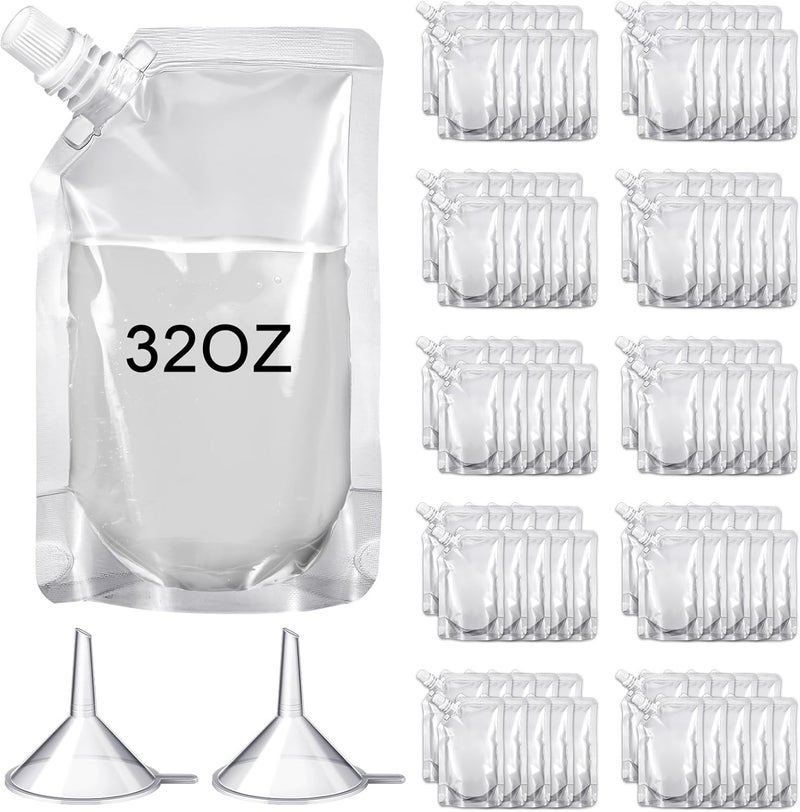 Meanplan 100 Pcs Plastic Pouches Bulk Reusable Squeeze Pouches Clear Plastic Juice Leak Proof Bags with Funnel for Party Favors Supplies(32 oz,Inclined Mouth) - Image 1