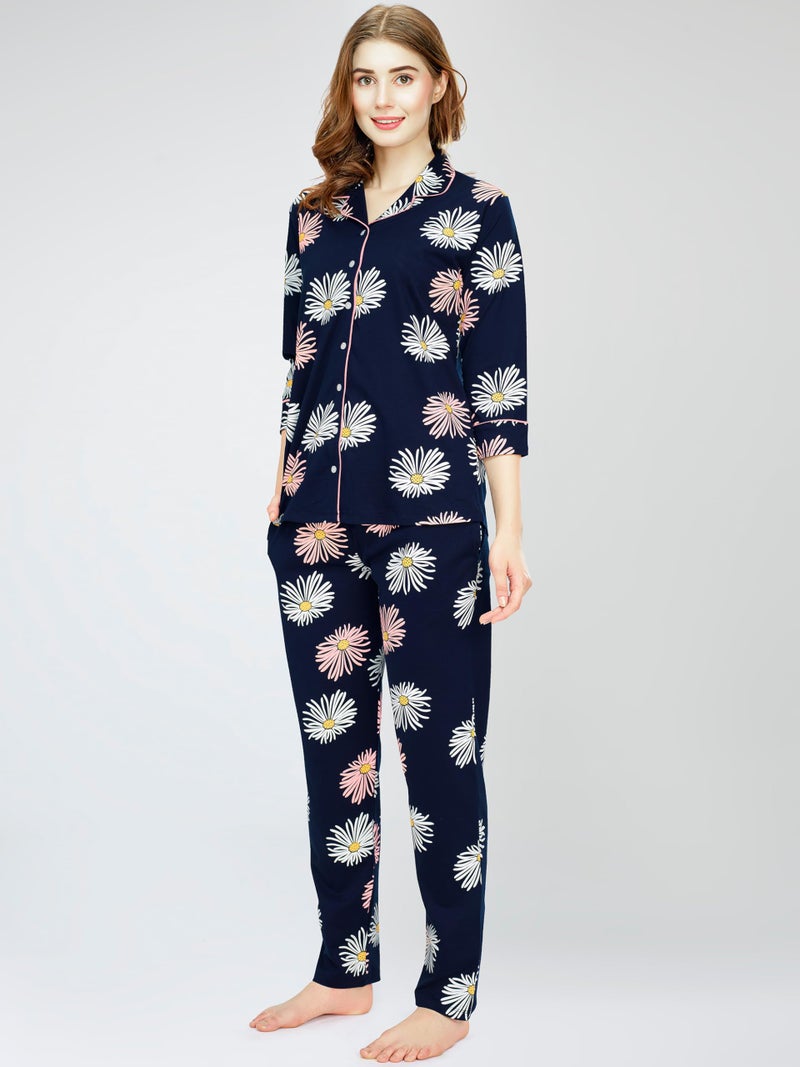 ZEYO Night Suit for Women's Navy Blue Floral Printed Cotton Night Dress of Shirt and Pajama Set 5766 - Image 4