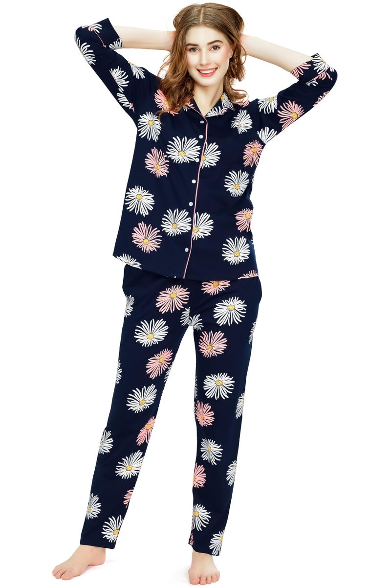 ZEYO Night Suit for Women's Navy Blue Floral Printed Cotton Night Dress of Shirt and Pajama Set 5766 - Image 1