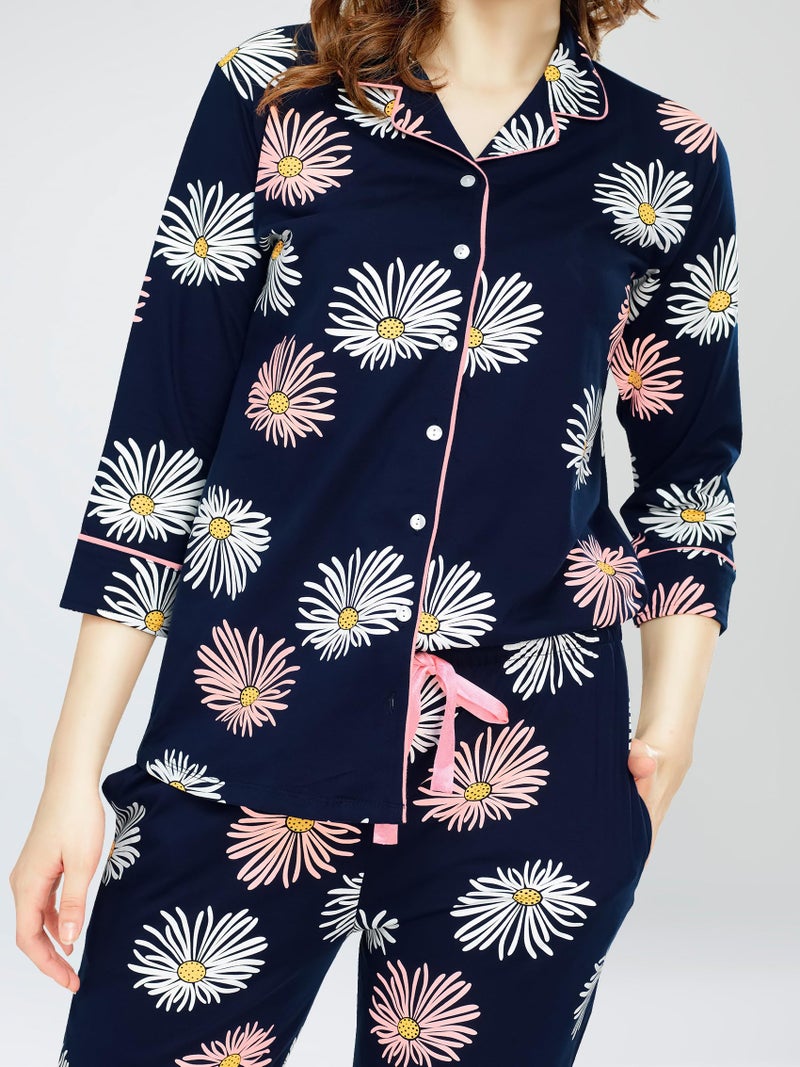 ZEYO Night Suit for Women's Navy Blue Floral Printed Cotton Night Dress of Shirt and Pajama Set 5766 - Image 2