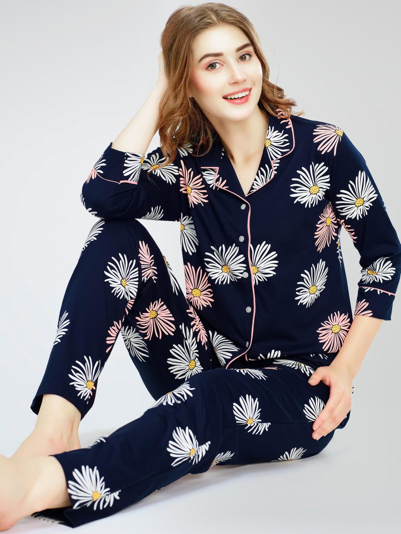 ZEYO Night Suit for Women's Navy Blue Floral Printed Cotton Night Dress of Shirt and Pajama Set 5766 - Image 3