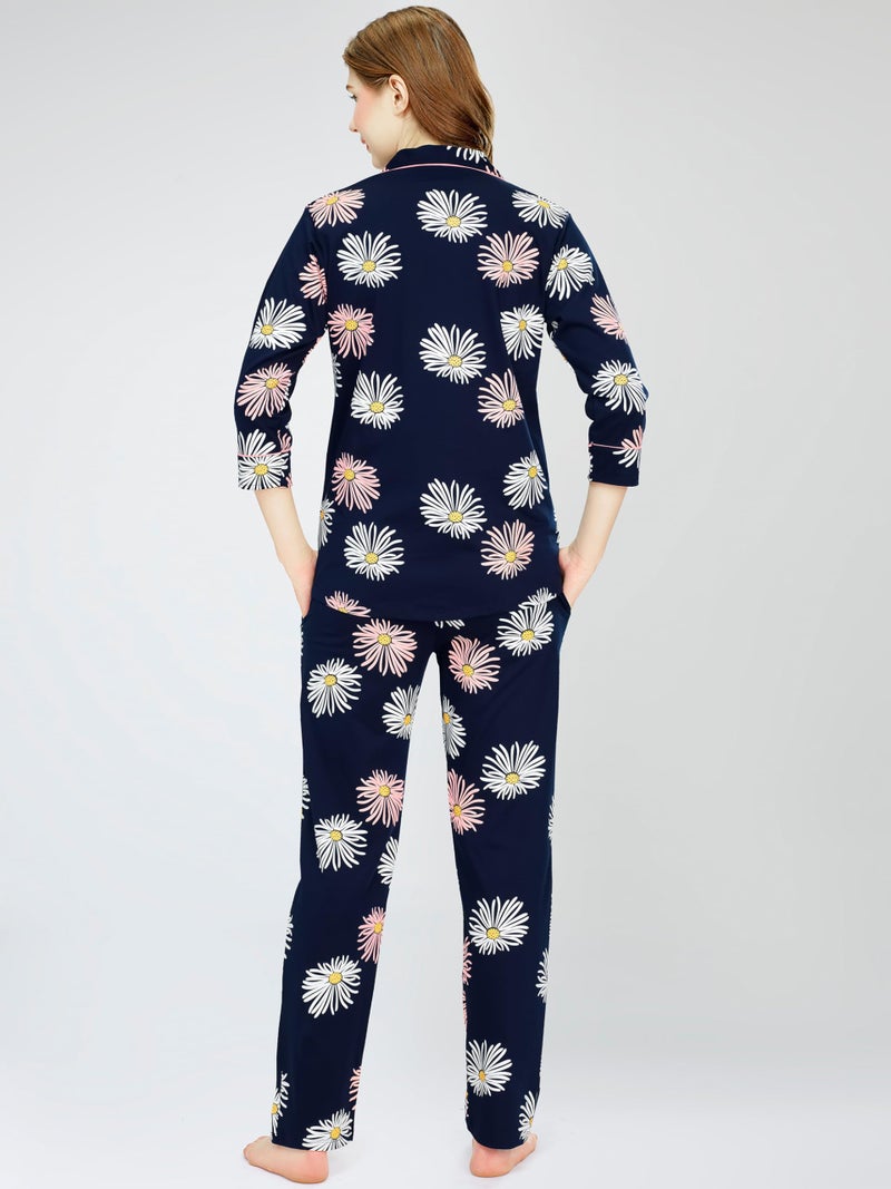 ZEYO Night Suit for Women's Navy Blue Floral Printed Cotton Night Dress of Shirt and Pajama Set 5766 - Image 5
