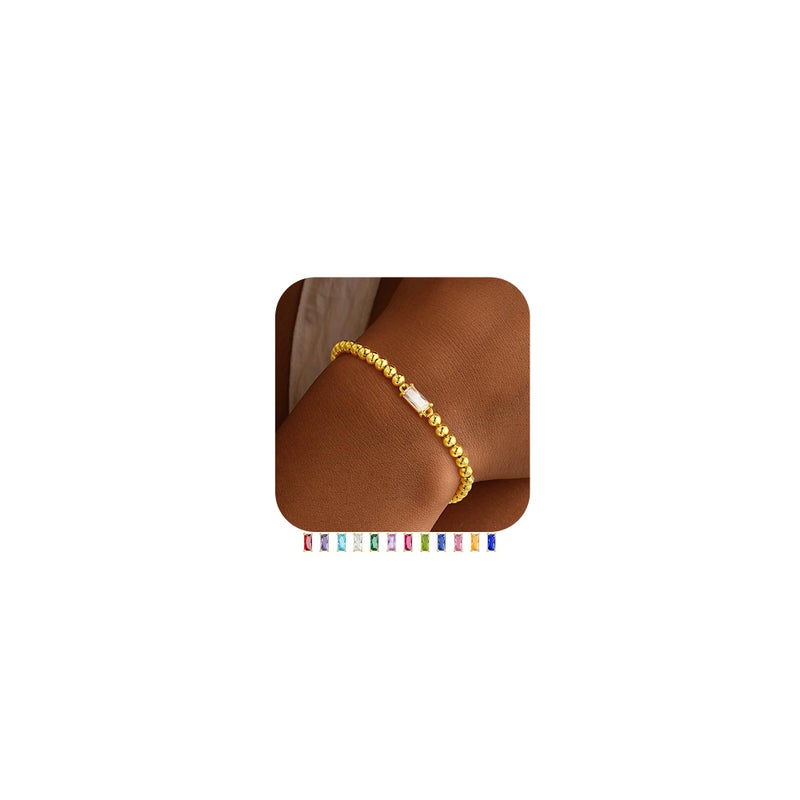 Yoosteel April Birthstone Bracelet for Women - Dainty CZ Clear Birthstone 14K-Gold-Plated Elastic Bead Bracelets Trendy Friendship Jewelry Gifts for Women - Image 1