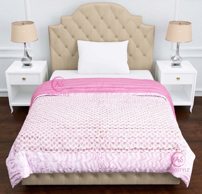 AUROSTYLE Rajasthani Cotton Filled Light Weight Silk Soft Jaipuri AC Quilt Dohar Over All Floral Print Design Blankets for Home (85x55 Inch,Light Pink Butti Print, Single Bed) - Image 3