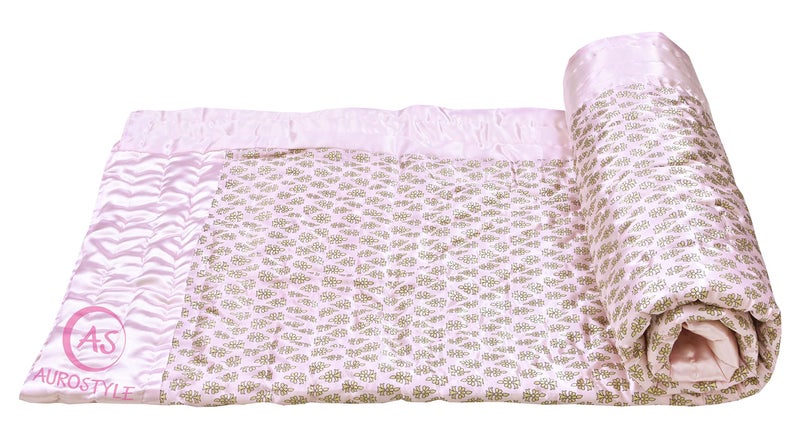 AUROSTYLE Rajasthani Cotton Filled Light Weight Silk Soft Jaipuri AC Quilt Dohar Over All Floral Print Design Blankets for Home (85x55 Inch,Light Pink Butti Print, Single Bed) - Image 4