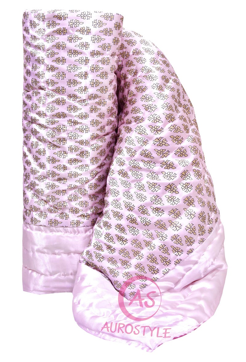 AUROSTYLE Rajasthani Cotton Filled Light Weight Silk Soft Jaipuri AC Quilt Dohar Over All Floral Print Design Blankets for Home (85x55 Inch,Light Pink Butti Print, Single Bed) - Image 5