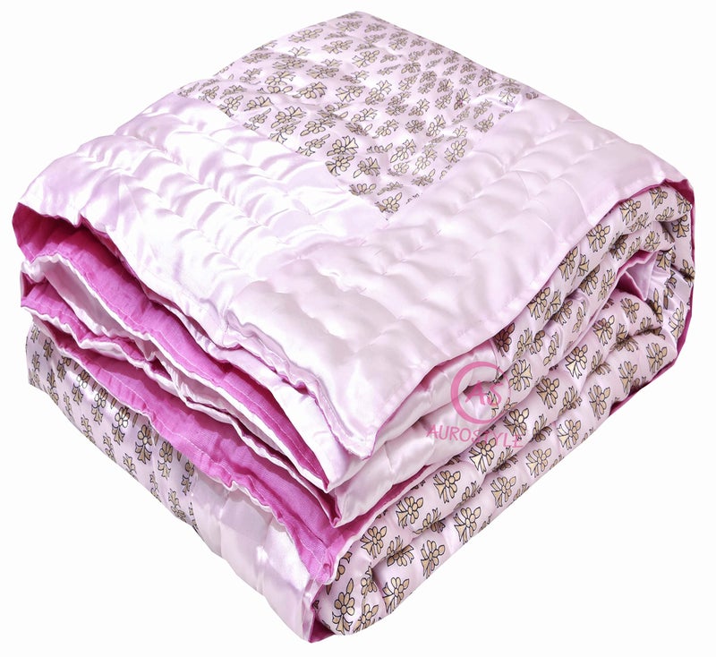 AUROSTYLE Rajasthani Cotton Filled Light Weight Silk Soft Jaipuri AC Quilt Dohar Over All Floral Print Design Blankets for Home (85x55 Inch,Light Pink Butti Print, Single Bed) - Image 1