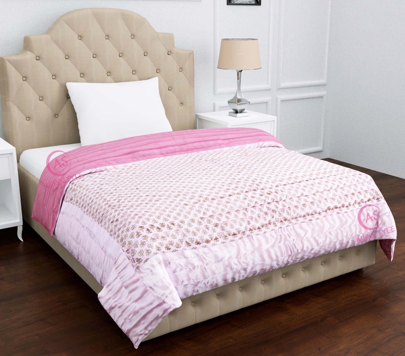 AUROSTYLE Rajasthani Cotton Filled Light Weight Silk Soft Jaipuri AC Quilt Dohar Over All Floral Print Design Blankets for Home (85x55 Inch,Light Pink Butti Print, Single Bed) - Image 2
