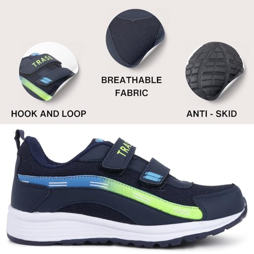 TRASE Sports Shoes for Kids | Running Shoes for Boys & Girls with Hook & Loop | Anti-Skid Comfortable Lightweight Footwear with Breathable Fabric (Navy-Green, 12 UK) - Image 2