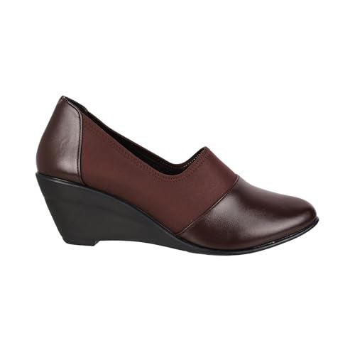 Metro Women's Brown Faux Leather Fashion Wedge Heel Pumps | Business Professional Closed Toe Slip-On Footwear | Lightweight Burnished P.U. Sole | Office Business Professional Stylish Wear | UK 6 - Image 3