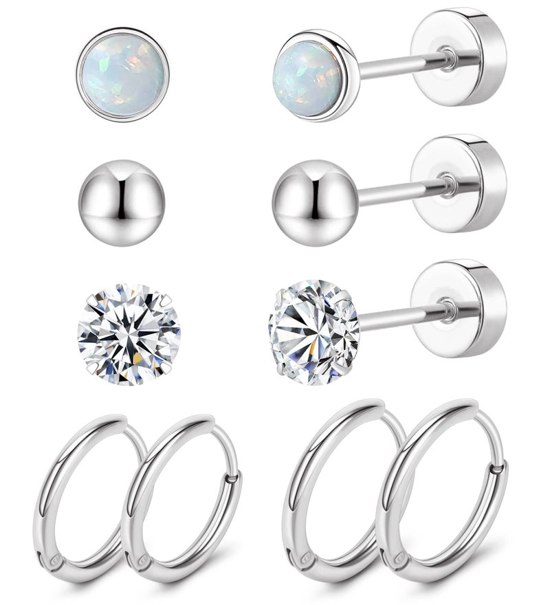 MJust Titanium Earrings for Sensitive Ears 20G Hypoallergenic Stud Hoop Earrings for Women Men Opal Ball CZ Heart Pearl Flat Back Earrings Cartilage Earrings Set - Image 1