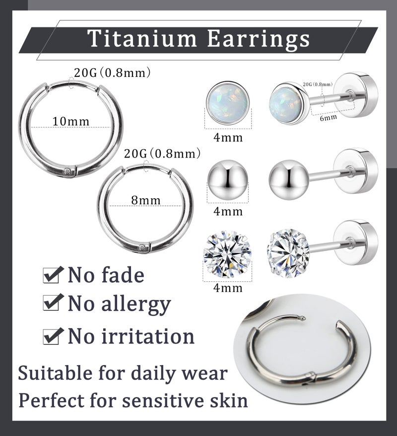 MJust Titanium Earrings for Sensitive Ears 20G Hypoallergenic Stud Hoop Earrings for Women Men Opal Ball CZ Heart Pearl Flat Back Earrings Cartilage Earrings Set - Image 4