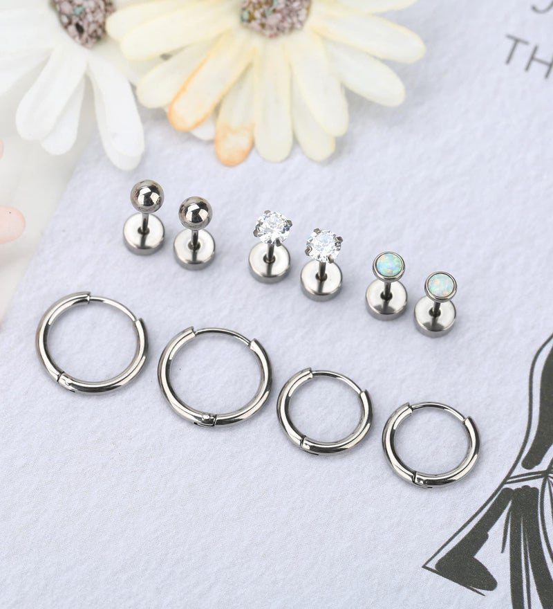 MJust Titanium Earrings for Sensitive Ears 20G Hypoallergenic Stud Hoop Earrings for Women Men Opal Ball CZ Heart Pearl Flat Back Earrings Cartilage Earrings Set - Image 5