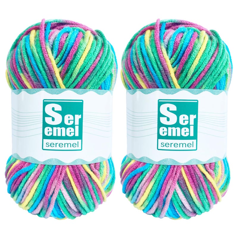 seremel 2 Packs of 48g/142yards Crochet/Knitting Rainbow Yarn, Multicolor Variegated Acrylic Yarn, Soft for Crocheting Blanket (Purple, Green, Yellow) - Image 1