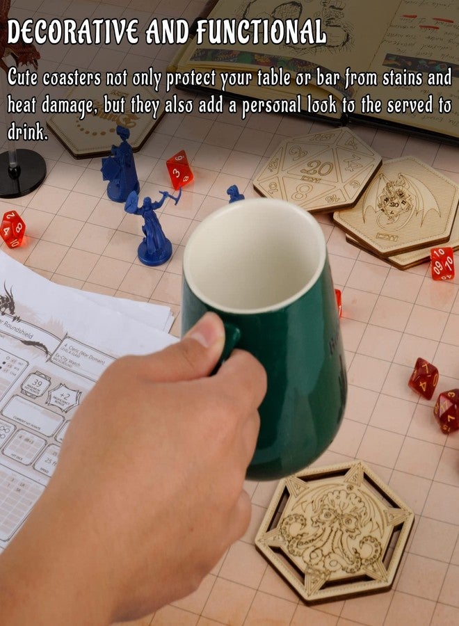 CZYY DND Decorative Wood Coasters Cool & Unique Table Mug Cup Mats Laser Engraved with Dragon, D20 and Cthulhu (Set of 5) - Image 3