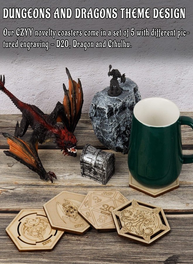 CZYY DND Decorative Wood Coasters Cool & Unique Table Mug Cup Mats Laser Engraved with Dragon, D20 and Cthulhu (Set of 5) - Image 2